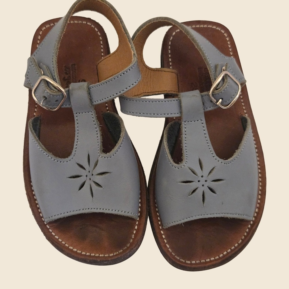 Adelisa & Co Blue Leather T-Strap Perforated Sandals Kids Size 25 Handmade